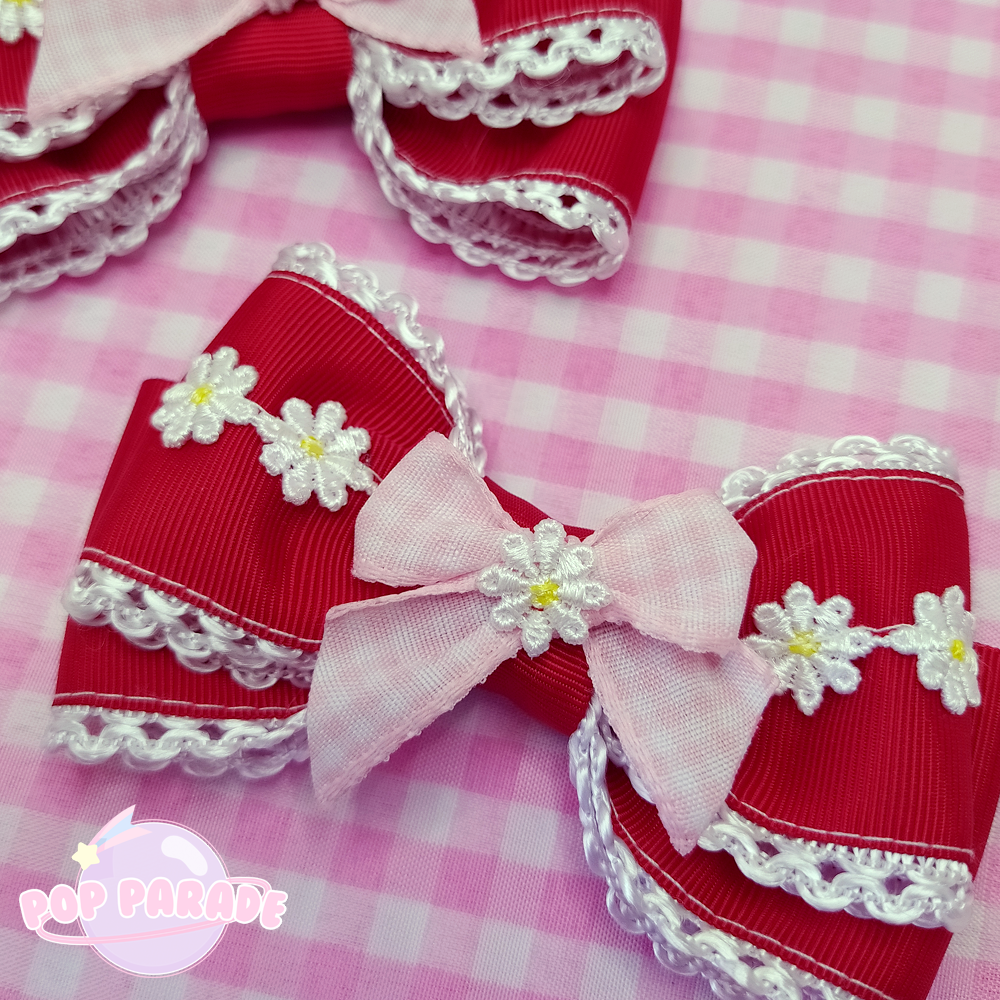 Gingham Daisy ♡ Hair Clips (Red)