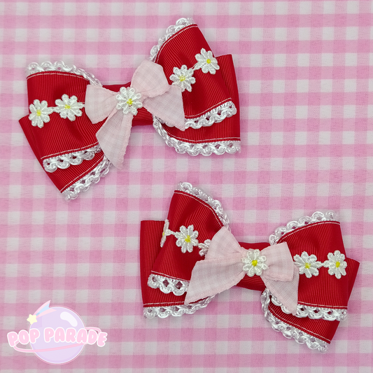 Gingham Daisy ♡ Hair Clips (Red)