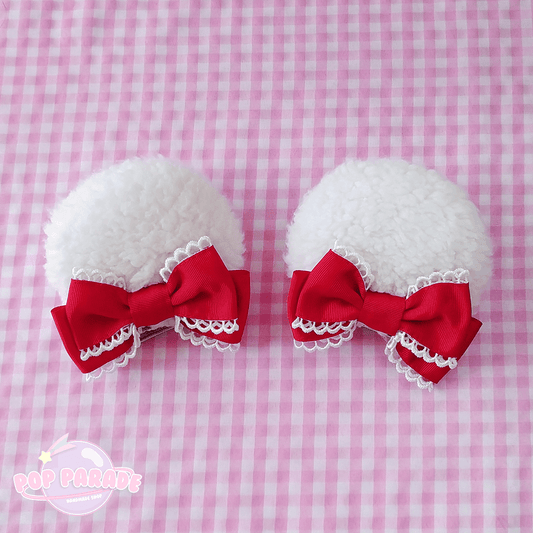 Cute Bear Ears Hair Clip (White x Red Bows) - ☆ POP PARADE ☆