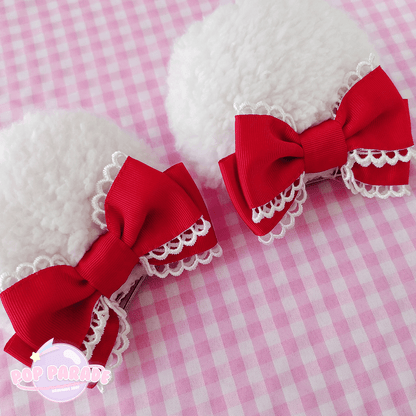 Cute Bear Ears Hair Clip (White x Red Bows) - ☆ POP PARADE ☆