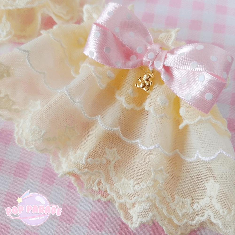 Yellow x White Lace ♡ Wristcuffs (Pink Polka Dot Bow) - ☆ POP PARADE ☆