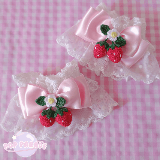 Strawberry Crochet White Lace ♡ Wristcuffs (Pink Bow) - ☆ POP PARADE ☆