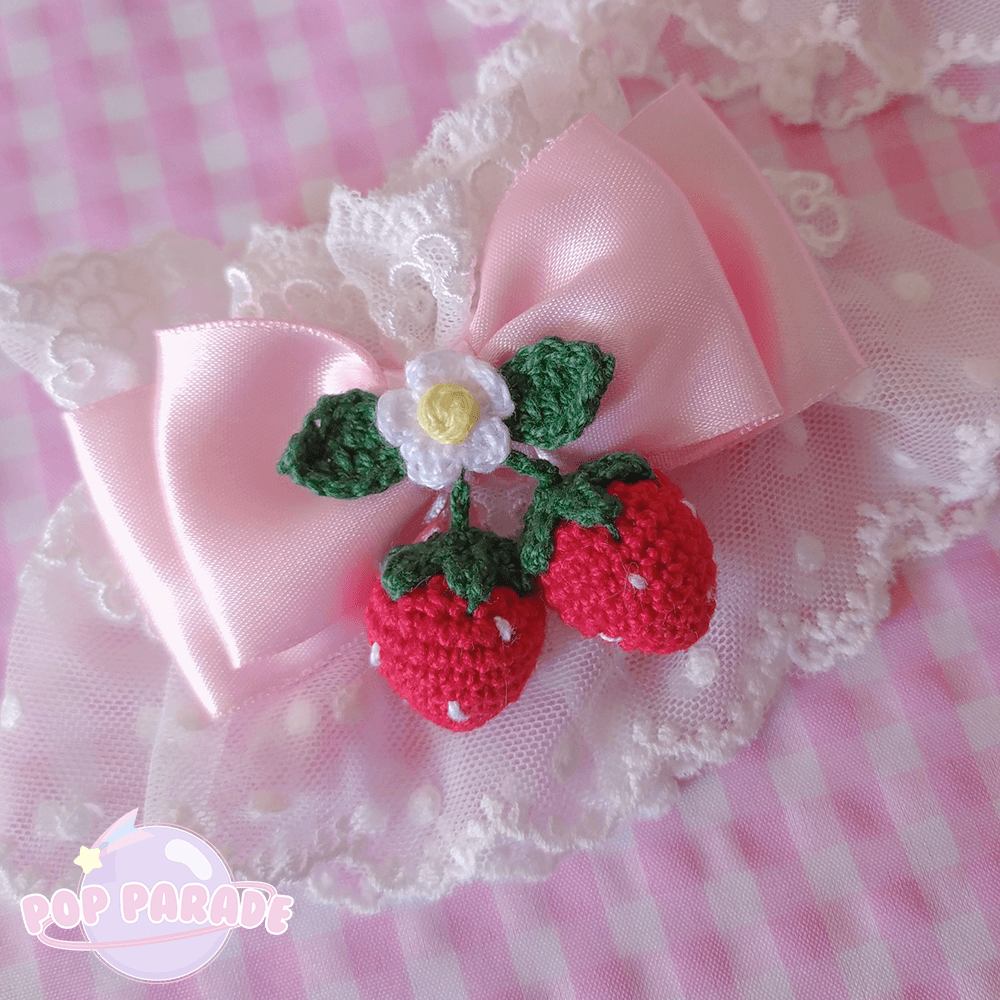 Strawberry Crochet White Lace ♡ Wristcuffs (Pink Bow) - ☆ POP PARADE ☆