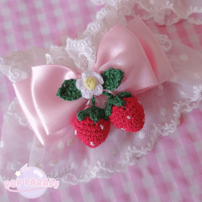 Strawberry Crochet White Lace ♡ Wristcuffs (Pink Bow) - ☆ POP PARADE ☆